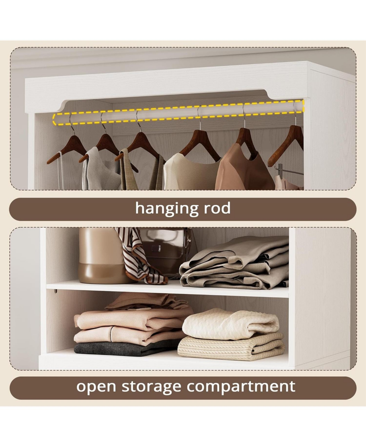 Ironck Freestanding Closet System with 3 Wood Drawers, Adjustable Shelves and Hanging Rod, White