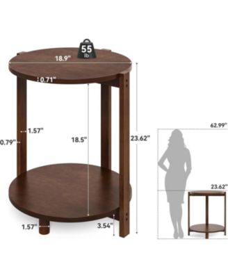 Solid Wood Side Table Set of 2, Small Round End Table with 2-Tier Storage