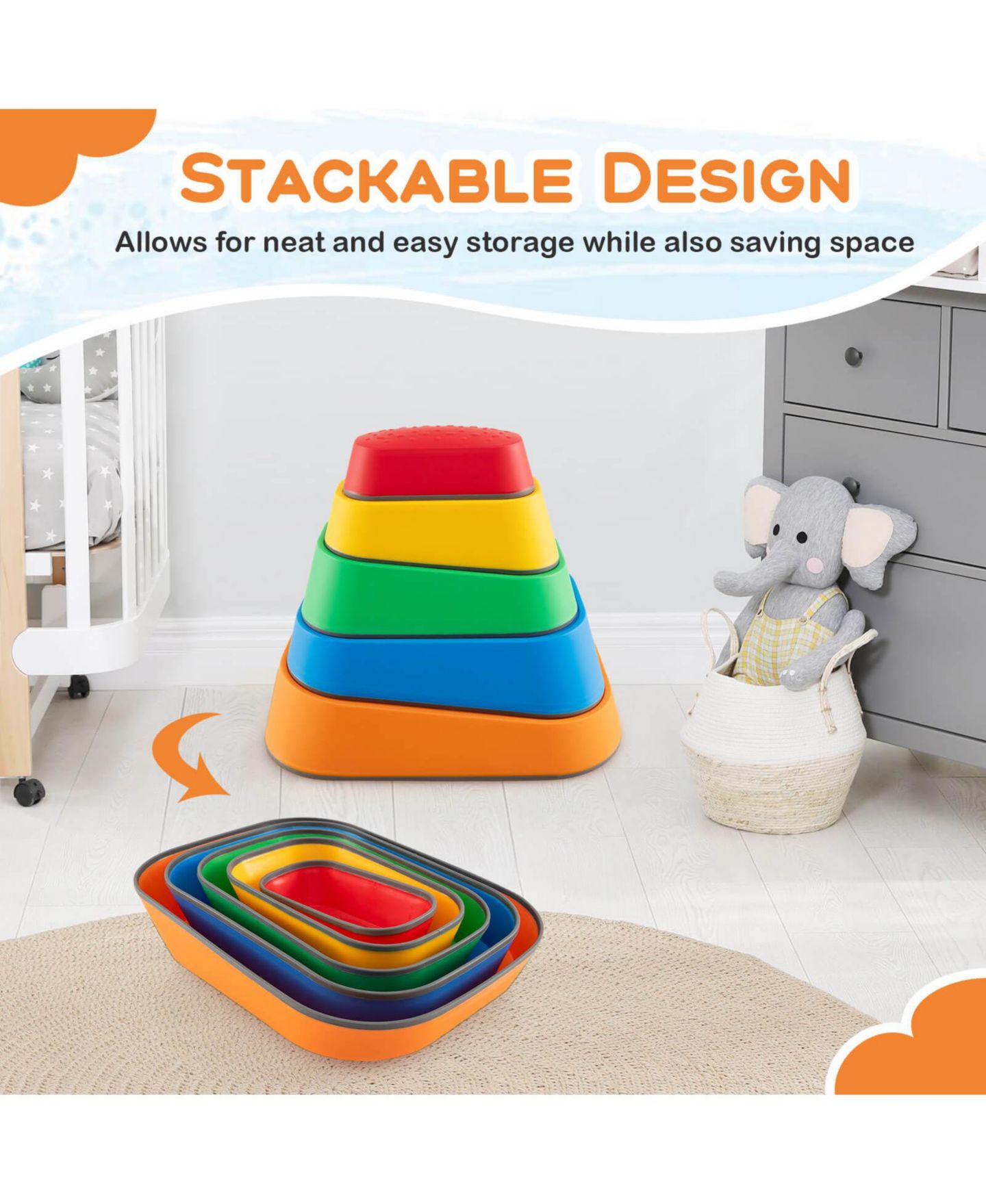 Детские игрушки Costway Balance Stepping Stones with Non-Slip Surface, 5-Piece Stackable Set, от 3 лет, цвет: Assorted Pre-Pack — фото 7