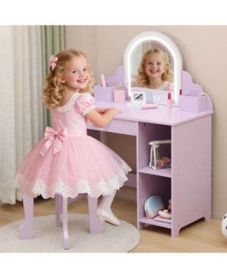 Kids Vanity with Lighted Mirror & Stool, Little Girls Vanity with Adjustable LED Light, Storage Drawer & Shelves for Girls 3-9