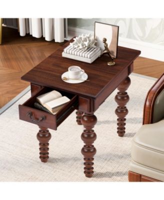 Solid Wood End Table with Drawer, Narrow Sofa Side Table