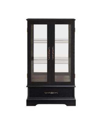 Streamdale Lighted Glass Curio Cabinet - 2-Door Display, Drawer, Bulb - BLACK