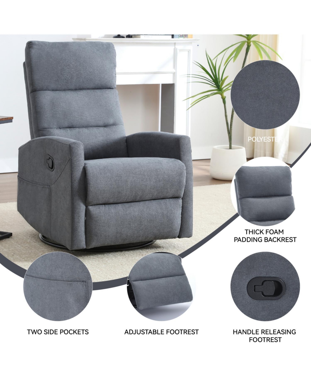Streamdale Furniture Manual Recliner Chair with Rocker and Swivel in Fabric for Living Room