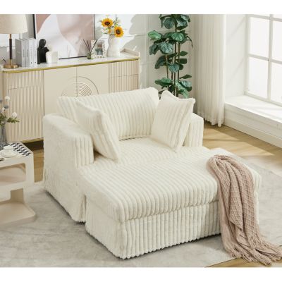 Oversized Corduroy Chaise Lounge with Ottoman, Beige