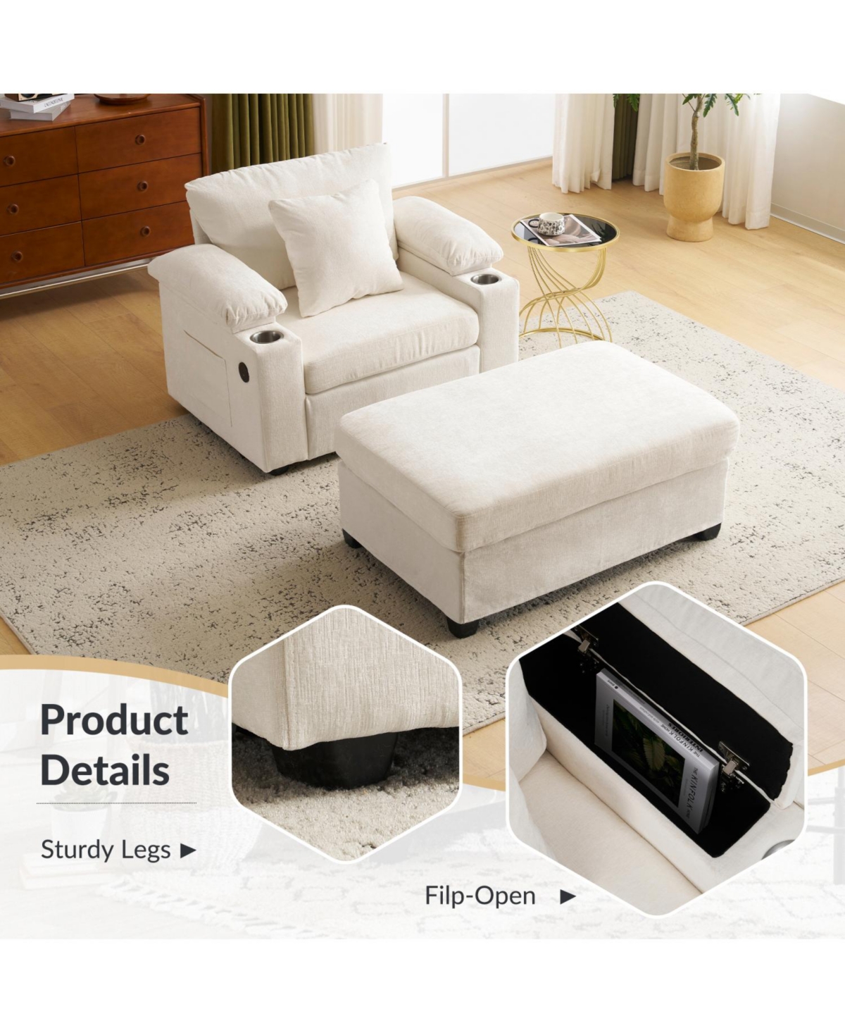 Streamdale Furniture Oversized Chenille Chair with Ottoman Usb & Cupholders