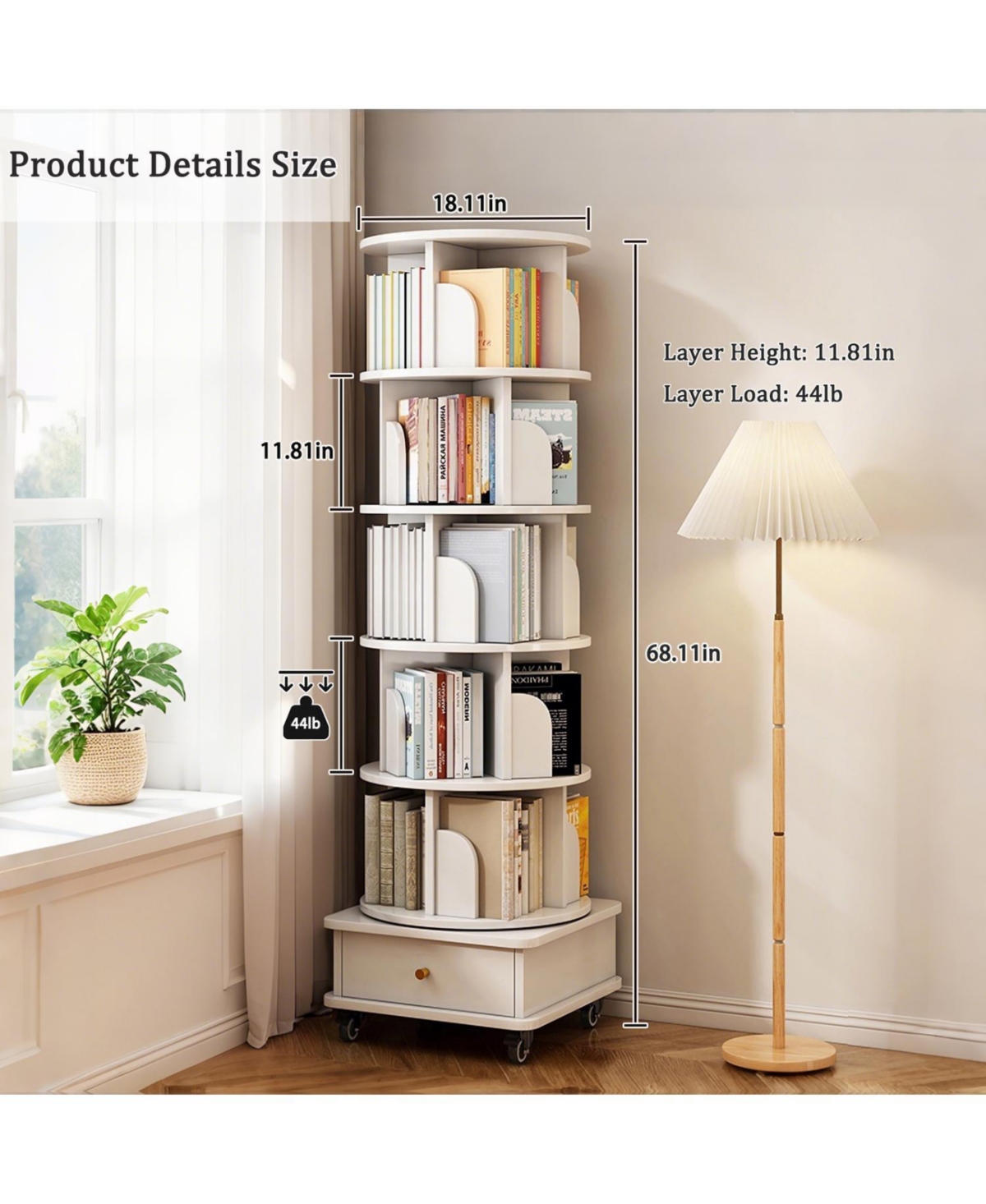 Streamdale Furniture Rotating Bookshelf with Wheels & Drawer
