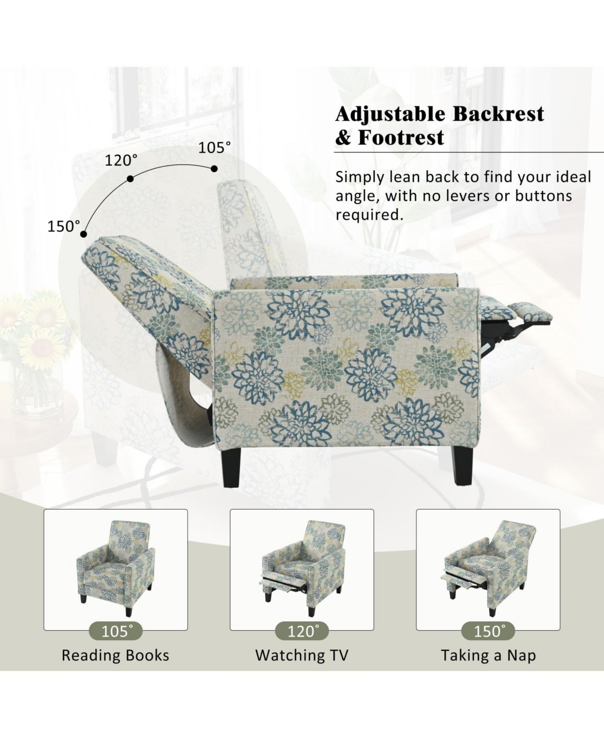 Streamdale Furniture 27.5" Recliner Chair, Solid Wood Legs, Light Brown & Blue