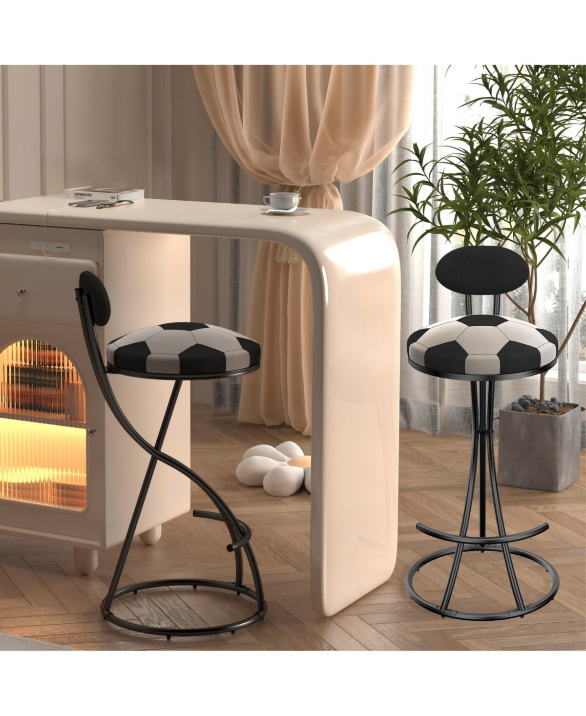 Streamdale Furniture Velvet Football Print Bar Stools Set of 2 - Black Frame