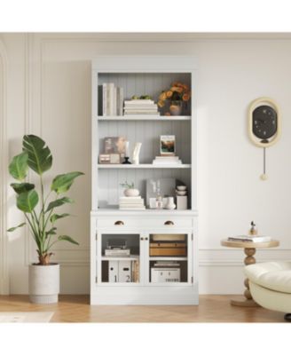 Streamdale Modern Bookcase with Glass Doors & Drawer, 83.4" Tall, White