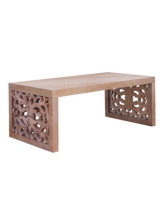 Rustic Carved Wood Coffee Table - Ornate Panels, Natural Finish