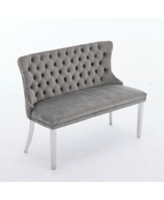  Velvet Tufted Dining Bench, Wingback, Silver Legs, Mid Century Modern, Gray