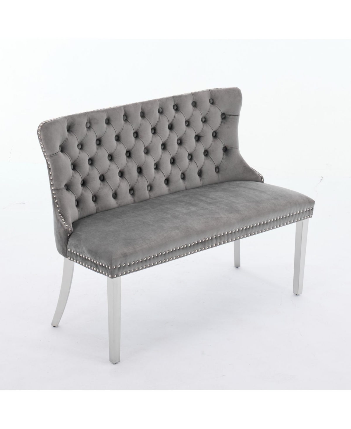 Streamdale Furniture Velvet Tufted Dining Bench, Wingback, Silver Legs, Mid Century Modern, Gray