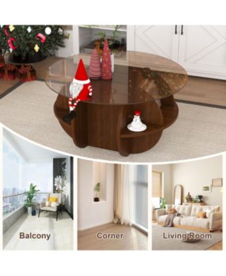 Streamdale Round Coffee Table - Glass Top, Walnut Brown