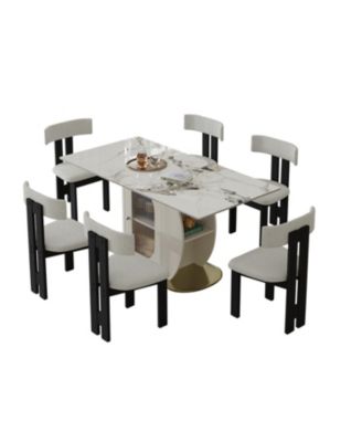 Streamdale Modern Dining Set- Burnt Stone Table, Gold Base, 6 Velvet Chairs