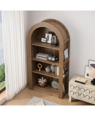  78" Arched Bookcase - Mid Century Modern 4-Tier Display Shelf (Brown)