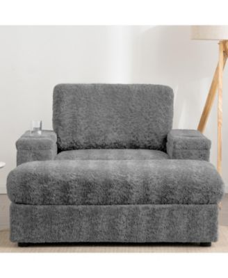  42" Oversized Faux Fur Chaise Lounge with Storage and Cup Holders