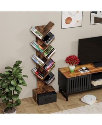 Rustic Brown 9-Tier Tree Bookshelf with Drawer