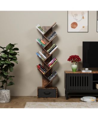 Rustic Brown 9-Tier Tree Bookshelf with Drawer