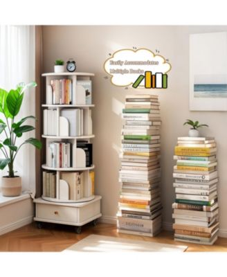 Rotating Bookshelf with Wheels & Drawer - White