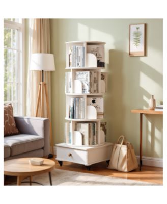  Rotating 5-Tier Corner Bookshelf with Drawer (White)