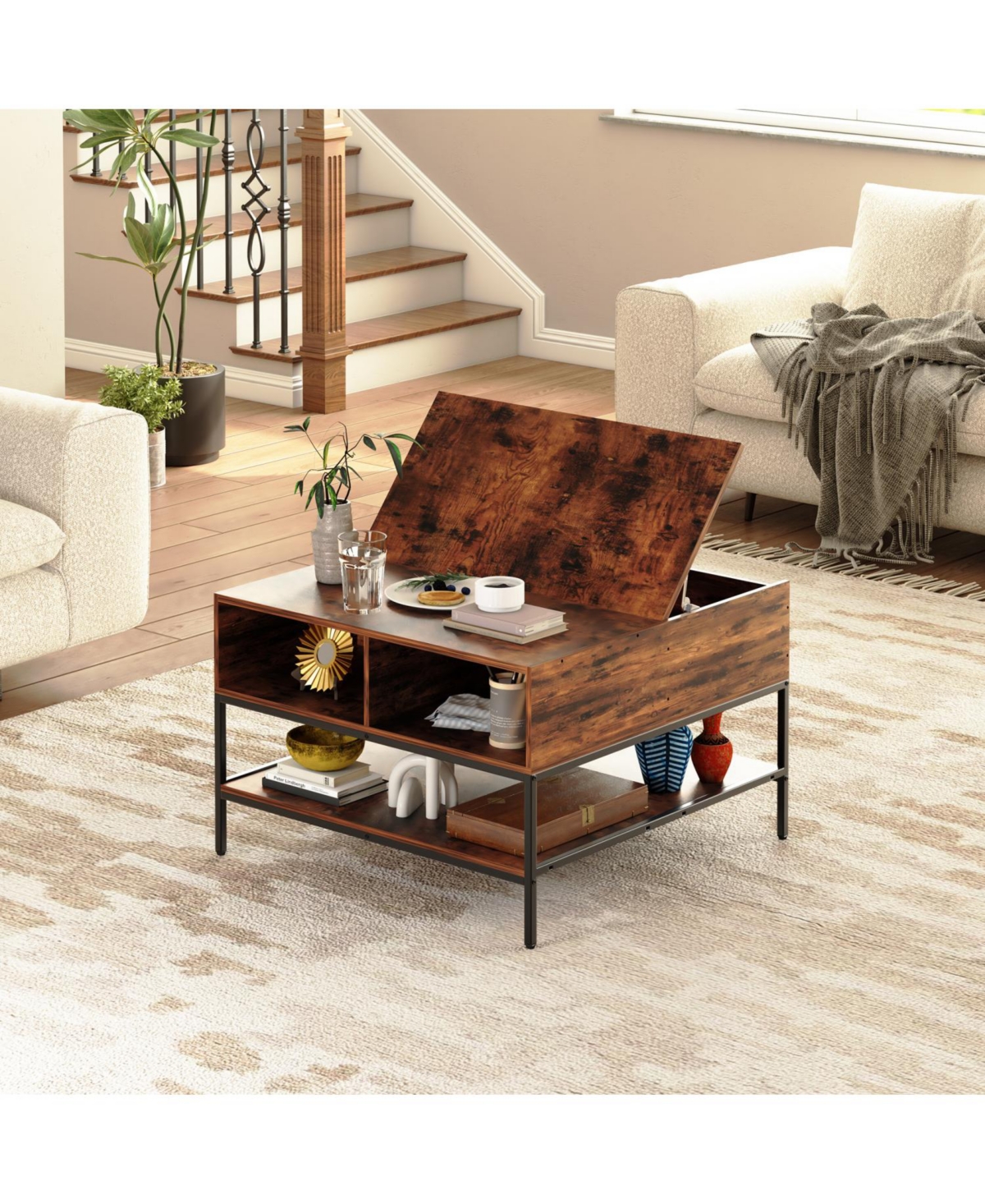 Streamdale Furniture Flip-Top Coffee Table - Dark Walnut & Black Metal - Lift-Top w/ Storage