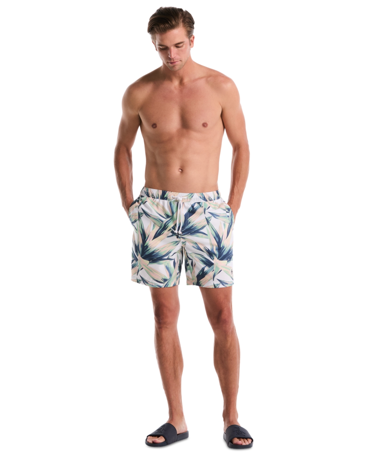 Original Penguin Men's Volley Succulent Print Elastic Waist Swim Trunk