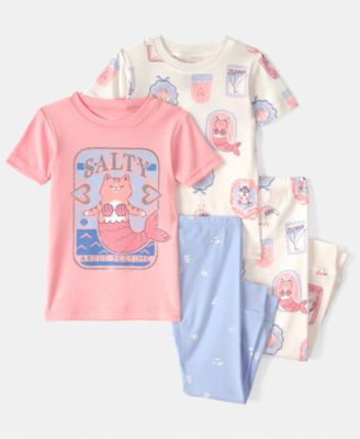 Baby Girls' Mermaid Cat Print Short-Sleeve T-Shirt and Snug-Fit Pajama, 4-Piece Set