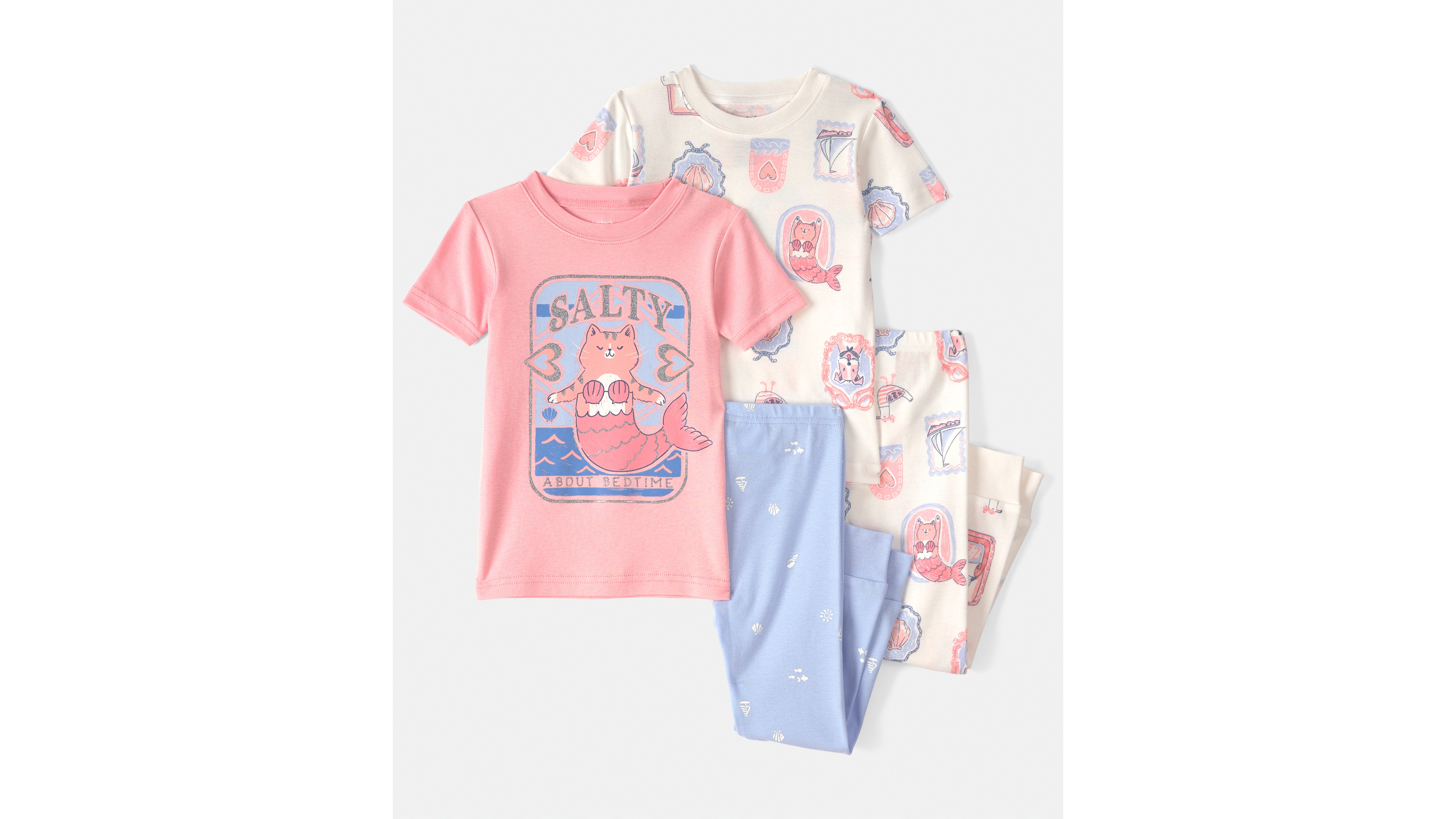 Carter's Baby Girls' Mermaid Cat Print Short-Sleeve T-Shirt and Snug-Fit Pajama, 4-Piece Set