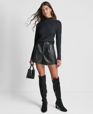 Women's Jewel Button Shoulder Mock Neck Long-Sleeve T-Shirt