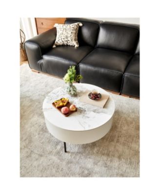 Modern White & Wood Coffee Table with Drawers & Golden Legs