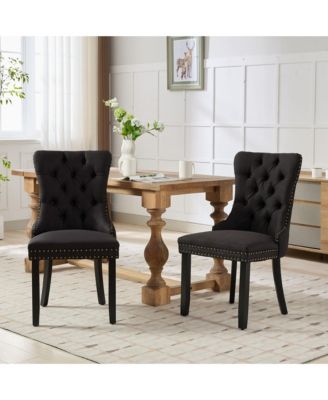 Nikki Tufted Linen Dining Chair Set (2), Modern & Contemporary, Black Upholstery, Black Wood Legs