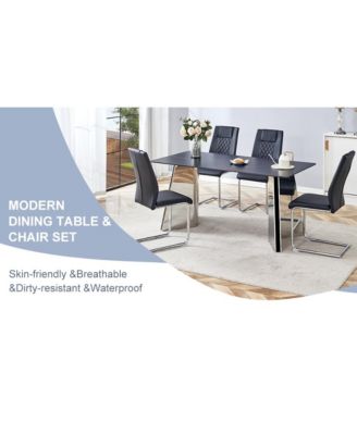 Streamdale 63" Black Marble-Patterned Table with Butterfly Legs and 4 Black PU Chairs