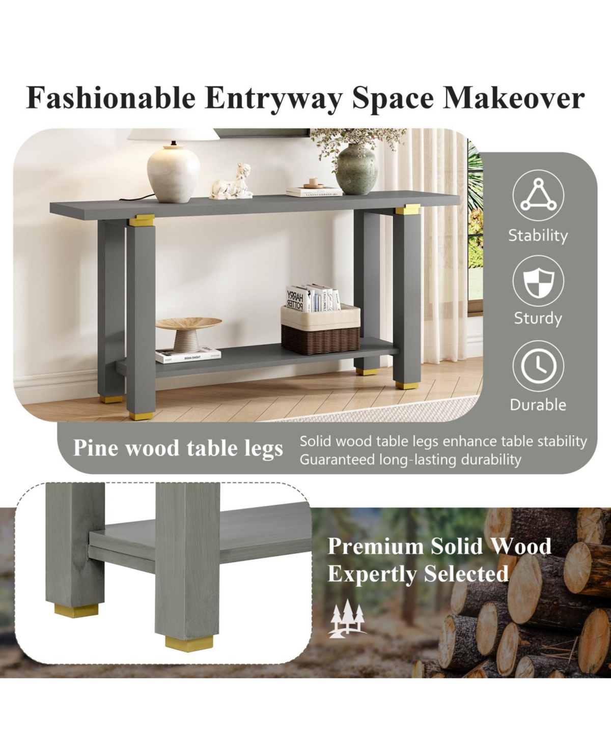 Streamdale Furniture Modern Console Table - Solid Wood Metal Accents Shelf