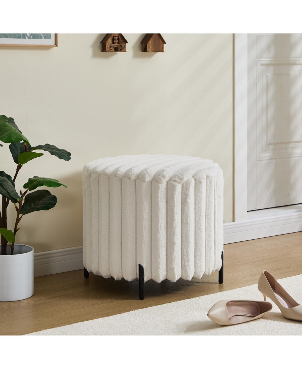 Streamdale Furniture Upholstered Round Ottoman with Metal Legs - Beige