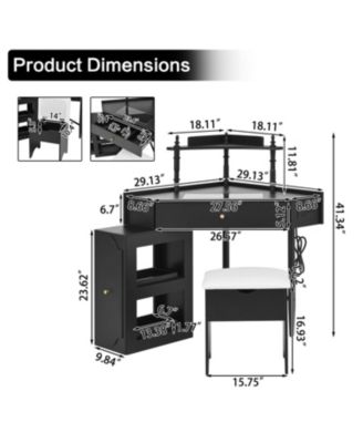 Streamdale Corner Vanity Desk Set, Cushioned Stool, Charging Station, Black