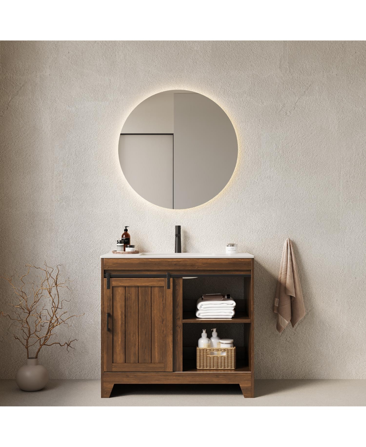 Streamdale Furniture Carrara Sintered Stone Vanity with Walnut Cabinet