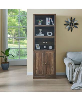 1 Doors Bookshelf with USB Port and 3 Open Shelves Bookcase Side Cabinet Storage Shelves