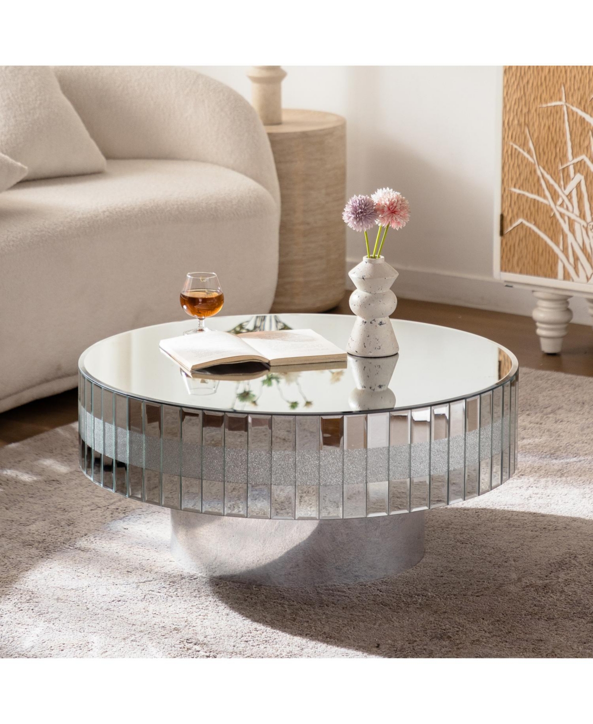Streamdale Round Mirrored Coffee Table - Crushed Diamond & Crystal Edge