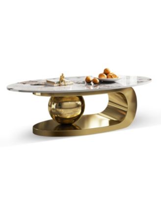 Oval Faux Marble Coffee Table with Stainless Steel Base