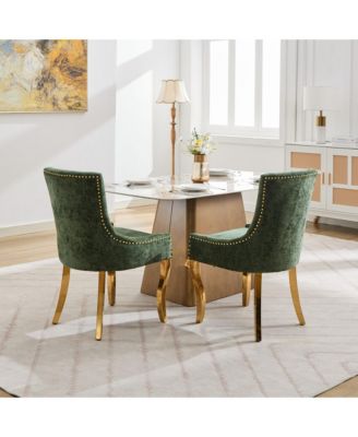 Chenille Dining Chairs, Gold Legs, Rivet Trim, Green, Set of 2