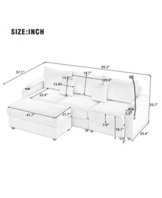 Modern 3-Seater Sectional Sofa w/ Ottoman, USB, Cup Holders.