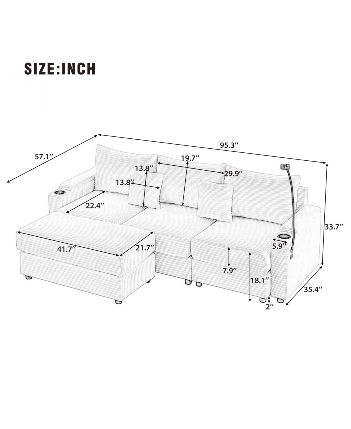 Streamdale Furniture Modern 3-Seater Sectional Sofa w/ Ottoman, Usb, Cup Holders.