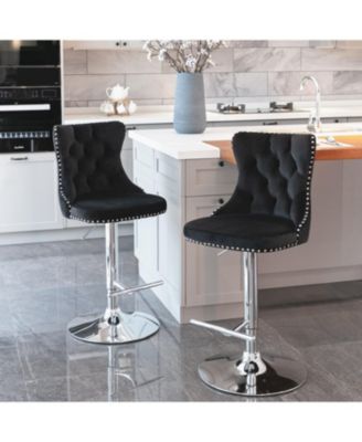 Velvet Swivel Barstools, Adjustable Height, Chrome Base, Set of 2, Black
