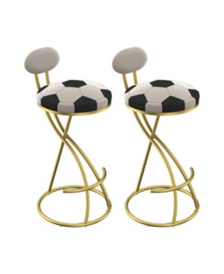 Football Print Bar Stools Set of 2, Counter Height, Velvet, Gold/Cream
