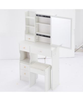 Compact Vanity Table with Large Mirror and Multi-Tier Storage, Stool Included