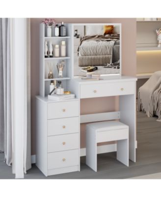 + 37" + Wood + Vanity Table with Mirror, Stool & Storage