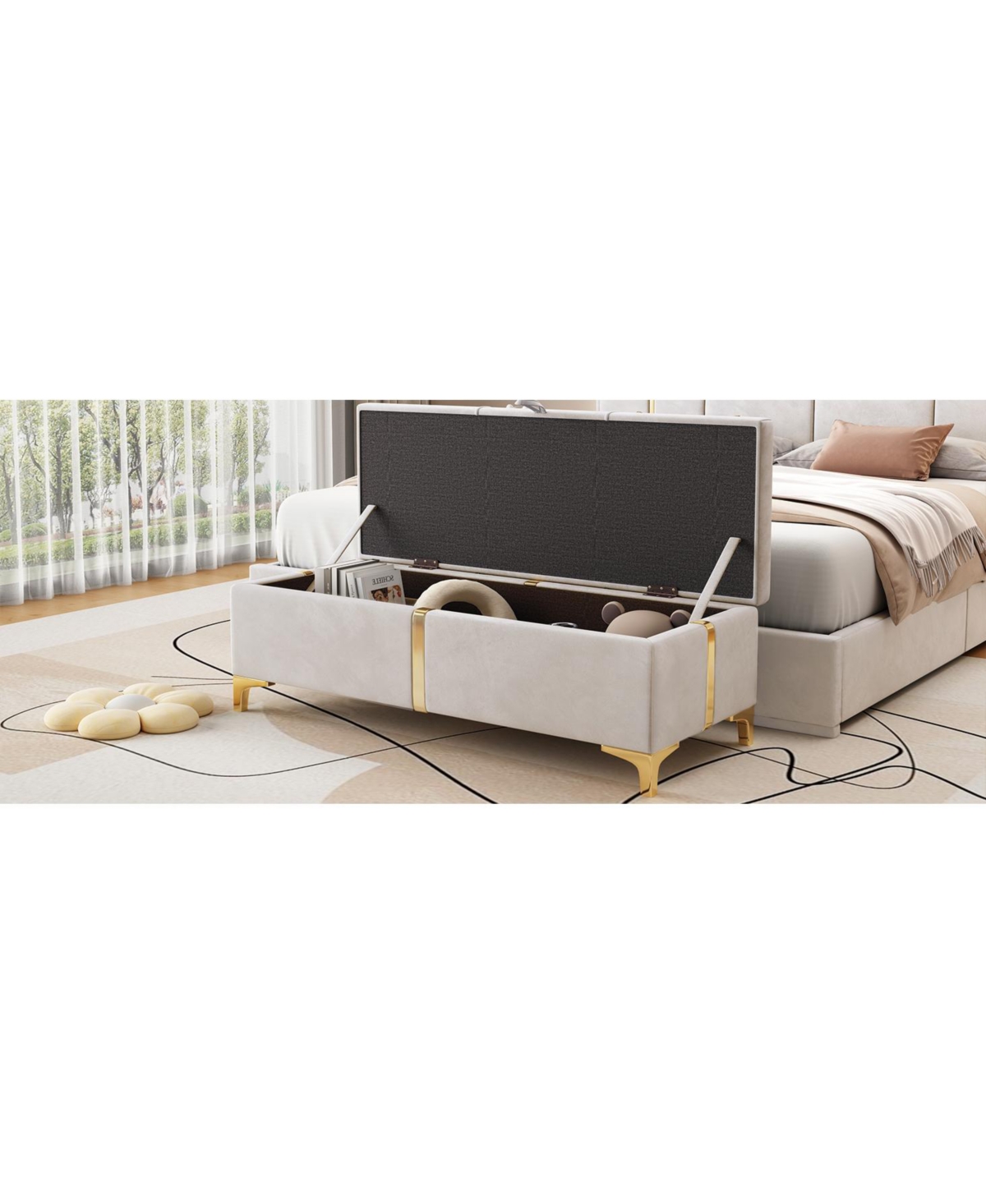 Streamdale Furniture Upholstered Storage Ottoman Bench - Metal Legs, Beige