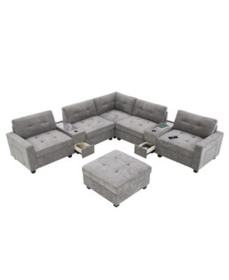 104" Tufted Sectional Sofa with Acrylic Table, Consoles, USB Charger, Storage, Ottoman