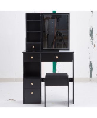 + Compact Vanity Table Set + Wood/Engineered Wood + Large Mirror & Multi-Tier Storage + Vanity Table with Stool