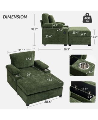 Oversized Chenille Chair with Ottoman USB & Cupholders